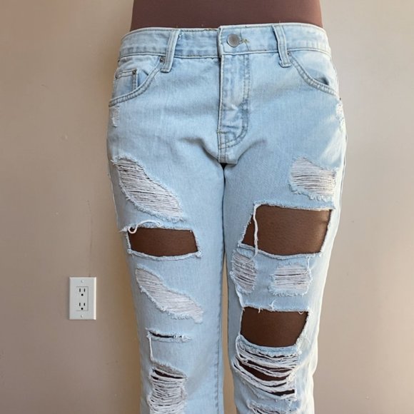 Light Blue Straight Leg Distressed Jeans - Picture 10 of 15